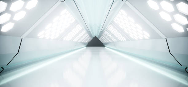 istock Sci-Fi Futuristic Bright Long Triangle Shaped Ship Tunnel With Hexagon White Lights And Reflected Materials 3D Rendering 1014418242