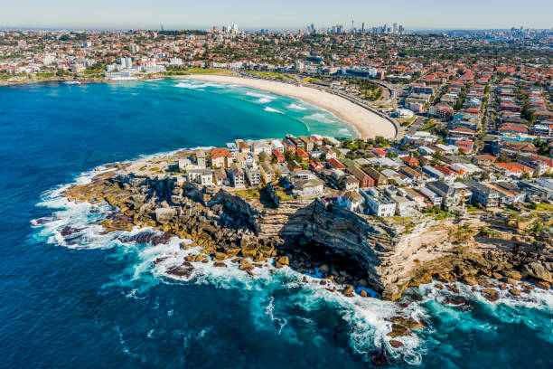 Bondi Beach, Sydney. Aerial view of Bondi Beach with the Sydney CBD in the background. sydney photos stock pictures, royalty-free photos & images
