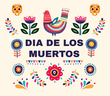 Beautiful vector illustration with design for Dia De Los Muertos. Vector template with traditional Mexican symbols skull, Mexican ornaments