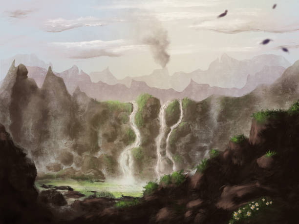 istock Idyllic and dreamy environment scenery in the mountains with a waterfall and dramatic smoke - Digital Painting 1014426348