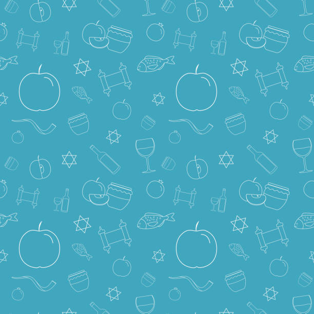 Rosh Hashanah holiday flat design white thin line icons seamless pattern Rosh Hashanah holiday flat design white thin line icons seamless pattern. background of star of david wallpaper stock illustrations