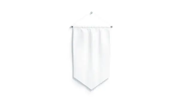 Blank white rhombus pennant mock up, isolated, 3d rendering. Clear penant hanging on wall mockup, front view. Empty flag template