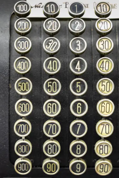 detail of old historic cash register with numbers