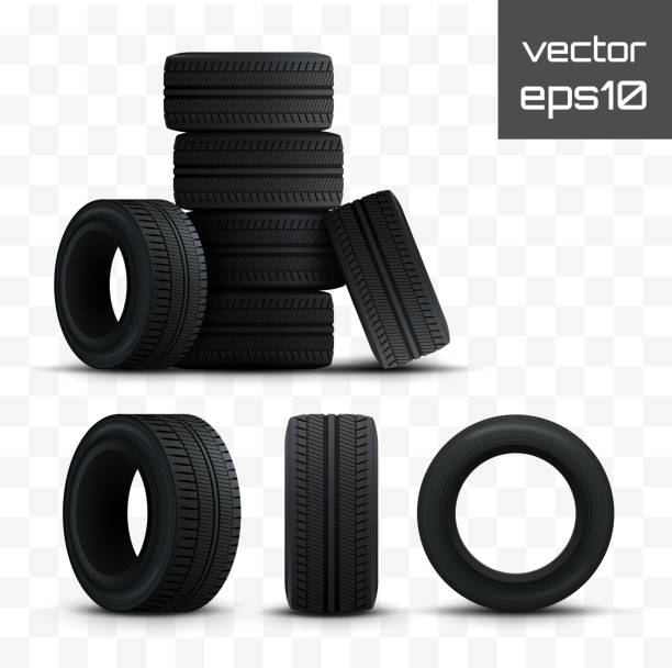 ilustraciones, imágenes clip art, dibujos animados e iconos de stock de juego de neumáticos. neumáticos de coche realista 3d aislados en blanco. vector de - rubber