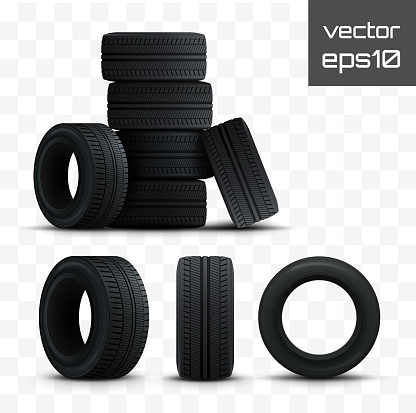 Tires set. 3d realistic car tires isolated on white. Vector illustration