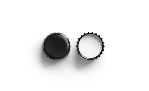 Blank black beer lid mockup, top view, front and back side Blank black beer lid mockup, top view, front and back side, 3d rendering. Empty metal soda cap mock up design template. Clear bottle cover isolated. stopper stock pictures, royalty-free photos & images