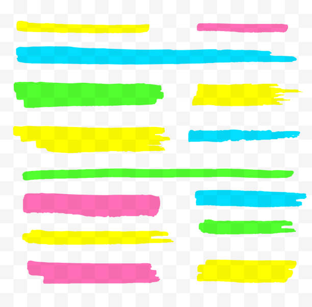 illustrations, cliparts, dessins animés et icônes de ensemble surligneurs colorés. marqueurs de jaunes, verts, violets et bleus. lignes de pinceau transparent dessinés à la main. - surligneur