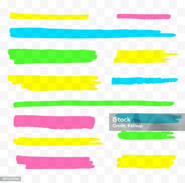 Ensemble Surligneurs Colorés Marqueurs De Jaunes Verts Violets Et Bleus Lignes De Pinceau Transparent Dessinés À La Main Vecteurs libres de droits et plus d'images vectorielles de Surligneur