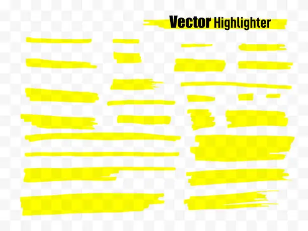 Vector illustration of Highlighter brush set. Hand drawn yellow highlight marker stripes. Vector illustration