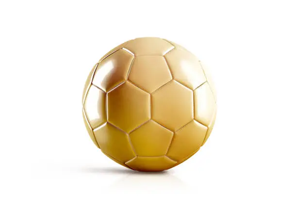 Blank golden soccer ball mock up, front view, isolated, 3d rendering. Glossy gold football sphere mockup. Sport bal for playing on the clean field template