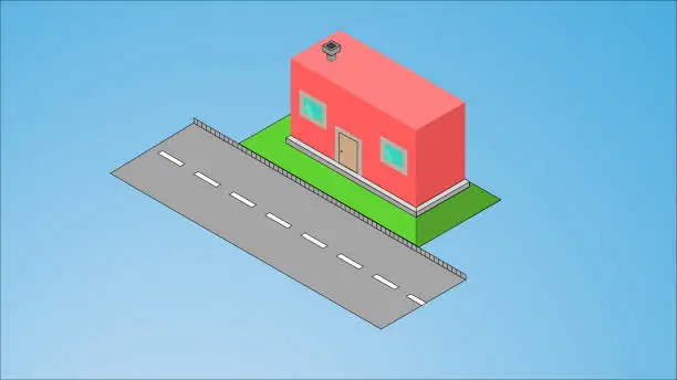 Vector illustration of Little isometric house with shadow on turquoise blue background. Real estate, rent and home concept. EPS 8 vector illustration, no transparency.