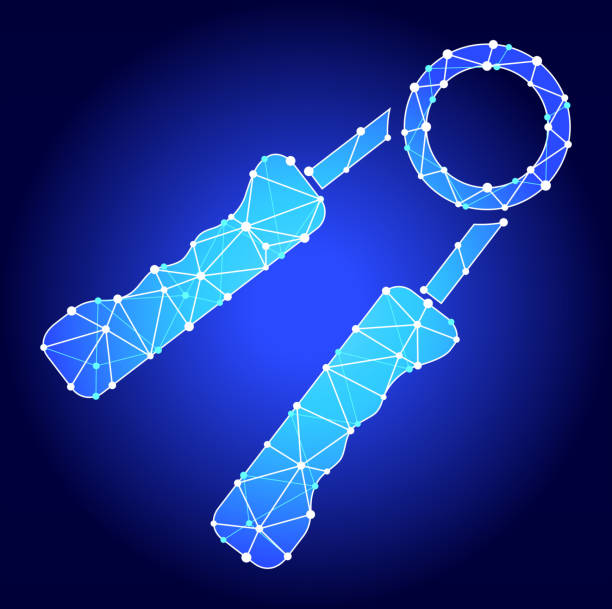 Hand Grips Blue Triangle Node Vector Pattern Hand Grips Blue Triangle Node Vector Pattern. The main object depicted in this royalty free vector illustration is created with the triangular line pattern. The individual lines form nodes with small circles on each of the vertices. The background is white with a slight gradient around the edges. hand grip exercises stock illustrations