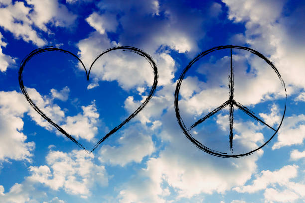 peace and love heart symbol, minimal chalk outline illustration over sky picture