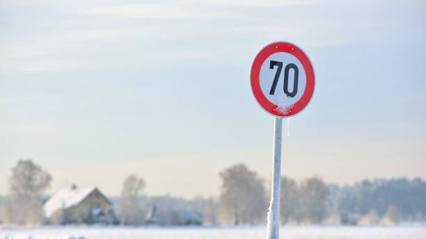 istock Frozen road speed control sign in winter with copy space 1014461804