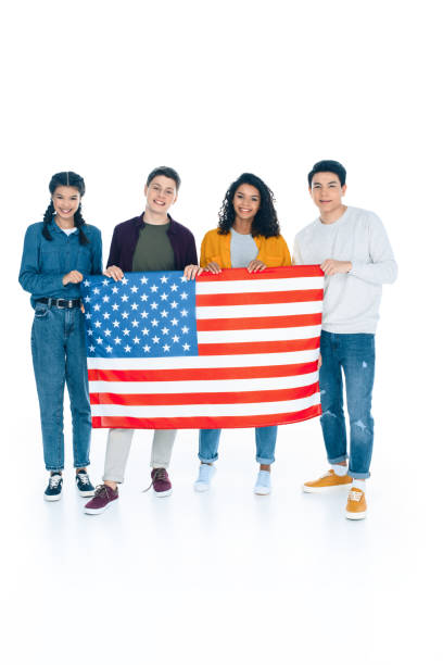 istock happy multiethnic students with usa flag isolated on white 1014462812