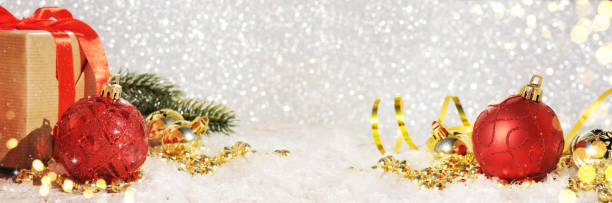 istock Christmas ornaments on glitter background, border design,  banner 1014464890
