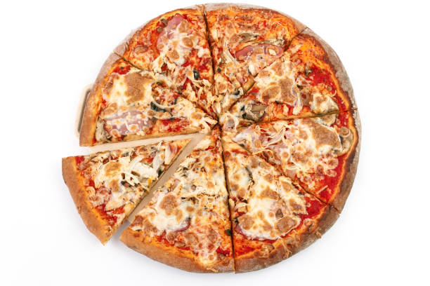 istock Pizza BBQ with bacon, chicken and cheese on a white background. Whole pizza with 1 separated piece. Isolate. View from the top 1014470366