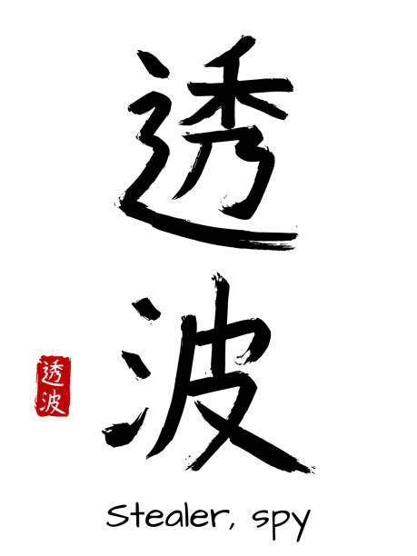 istock Hand drawn Hieroglyph translate stealer or spy. Vector japanese black symbol on white background with text. Ink brush calligraphy with red stamp(in japan-hanko). Chinese calligraphic letter icon 1014471244