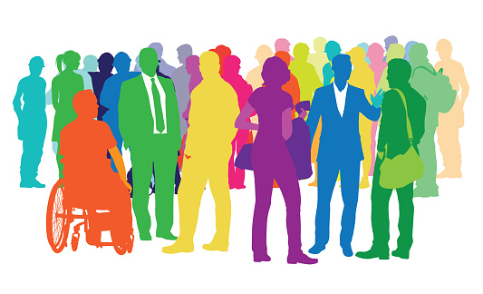 Large crowd of various people in colored silhouettes