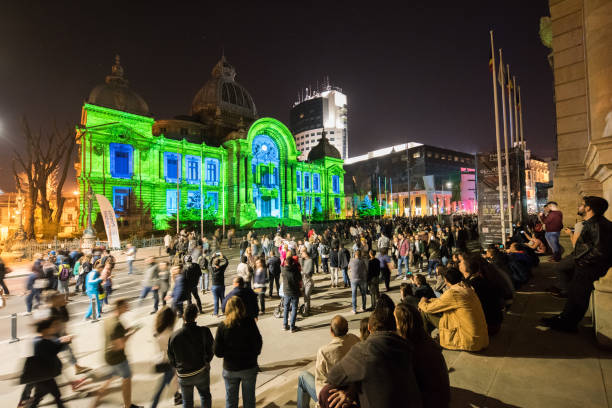 Streets and historic buildings from Bucharest city center are lighten during Spotlight International Light Festival on April 12.