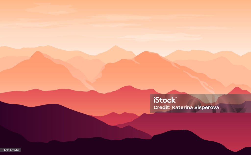 Silhouette luminose vettoriali di montagne arancioni e viola la sera con nuvole nel cielo - arte vettoriale royalty-free di Montagna