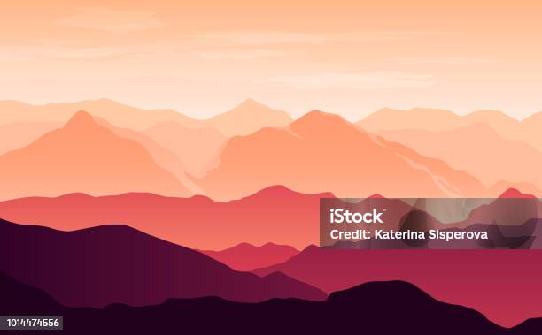 Silhouette Luminose Vettoriali Di Montagne Arancioni E Viola La Sera Con Nuvole Nel Cielo - Immagini vettoriali stock e altre immagini di Montagna