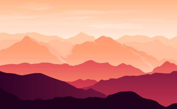 gökyüzündeki bulutlar ile akşam turuncu ve mor dağların parlak siluetleri vektör - kırmızı illüstrasyonlar stock illustrations