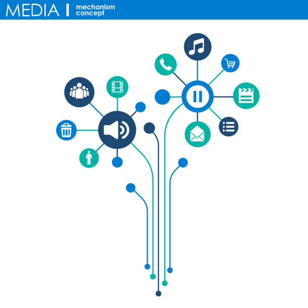 ilustraciones, imágenes clip art, dibujos animados e iconos de stock de concepto de mecanismo de los medios de comunicación. antecedentes de crecimiento con bolas meta integrado, icono integrado digital, estrategia, internet, red, conectar, comunicar, tecnología, conceptos globales. - music video image development