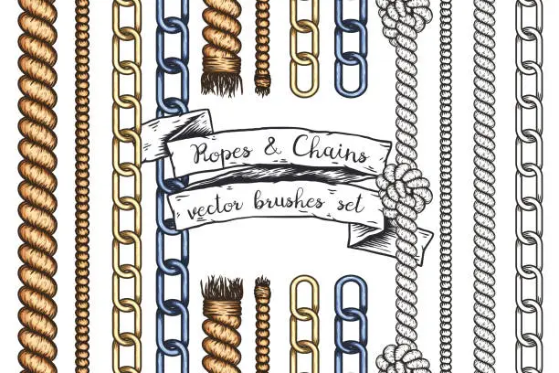 Vector illustration of Set of hand drawn editable brushes of ropes and chains.