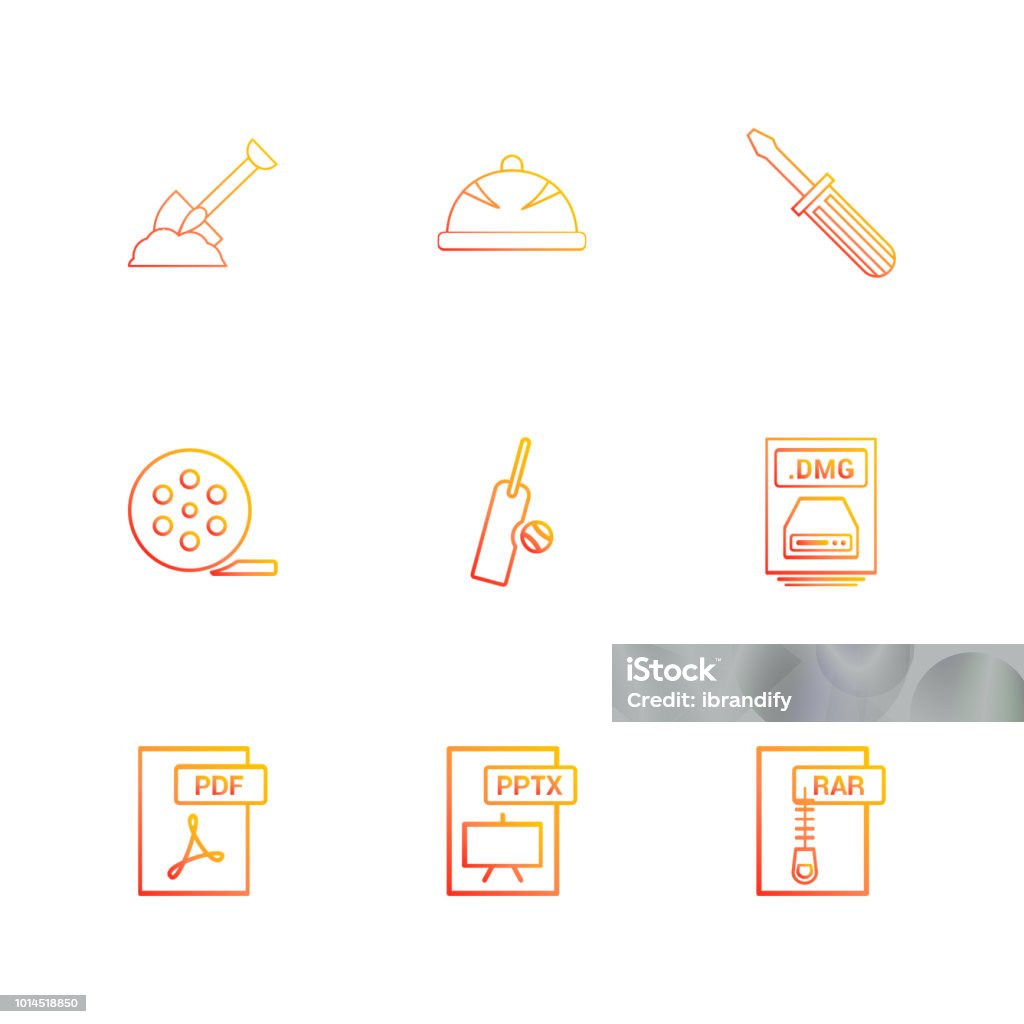 Spade , halmet , screw driver , movie roller,  cricket , bat , ball , dmg apple file , rar , compressed file ,pdf , photoshop , pptx , excel , 9 eps icons set vector Spade , halmet , screw driver , movie roller,  cricket , bat , ball , dmg apple file , rar , compressed file ,pdf , photoshop , pptx , excel , icon, vector, design,  flat,  collection, style, creative,  icons - This Vector EPS 10 illustration is best for print media, web design, application design user interface and infographics with well composed layers for the ease of user. Design stock vector