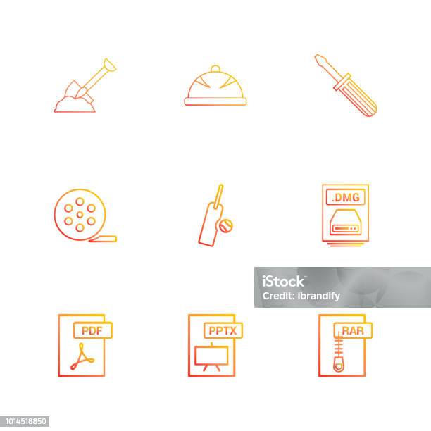 Spade Halmet Screw Driver Movie Roller Cricket Bat Ball Dmg Apple File Rar Compressed File Pdf Photoshop Pptx Excel 9 Eps Icons Set Vector Stock Illustration - Download Image Now