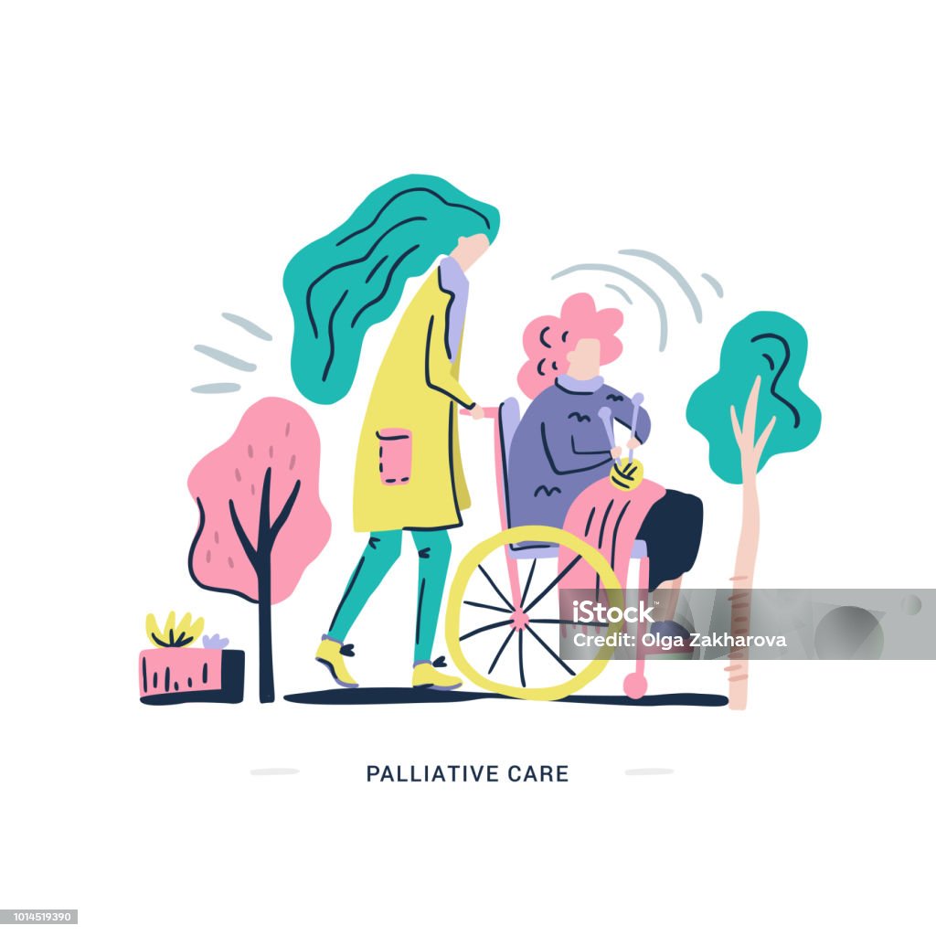 Palliative Care Illustration Old woman on a wheelchair. Palliative care illustration made in vector. Elderly people theme. Disability stock vector