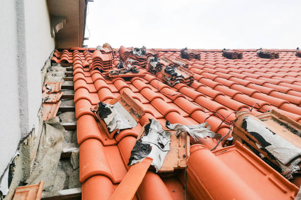 istock Old moldy roof tile being replaced with new tiles 1014522484