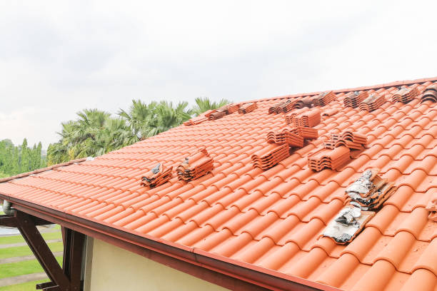 istock Old moldy roof tile being replaced with new tiles 1014522498
