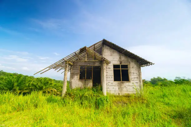 Image of abandoned burned old house under blue sky in the forest