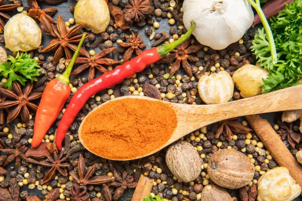 Top view of chili powder on the wooden spoon with variety spices above table