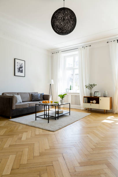 istock Lamp above carpet with table in spacious living room interior with grey couch and poster. Real photo 1014543916