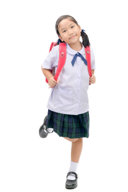 cute asian student with school bag isolated on white background, back to school concept