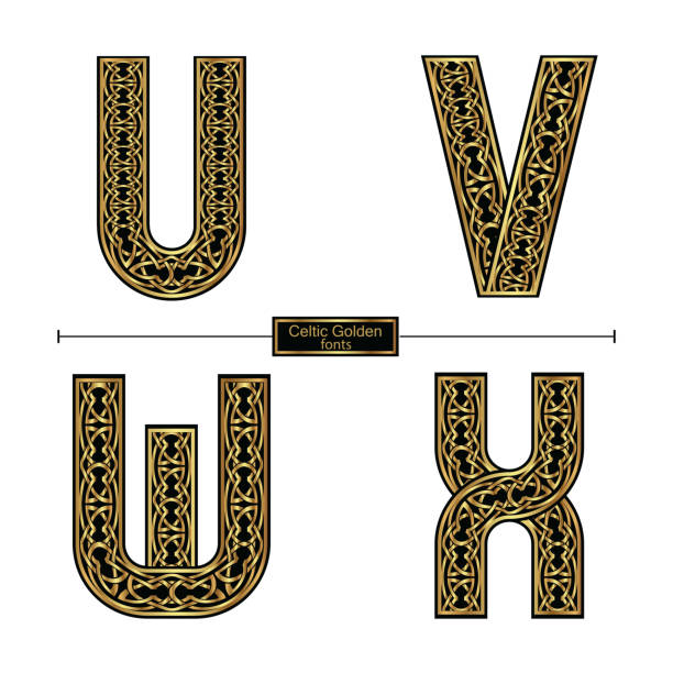 Alphabet celtic golden style in a set UVWX Vector graphic alphabet in a set U,V,W,X, with celtic golden color style celtic letter x stock illustrations