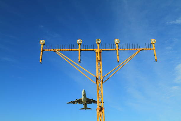 istock Airport landing lights with airplane approaching runway lighting 1014555234