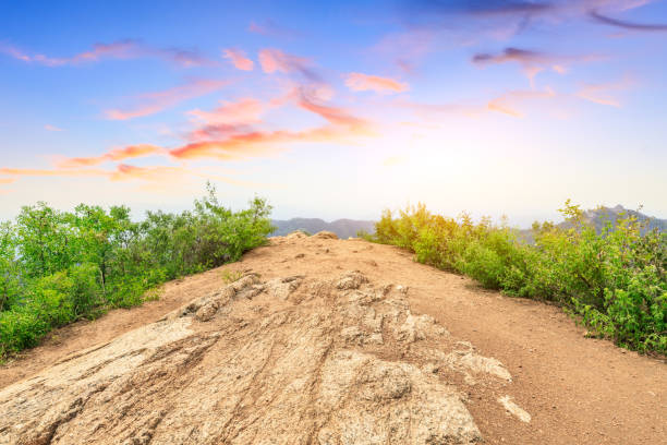 istock Mountain peak rock road platform and green trees 1014565612