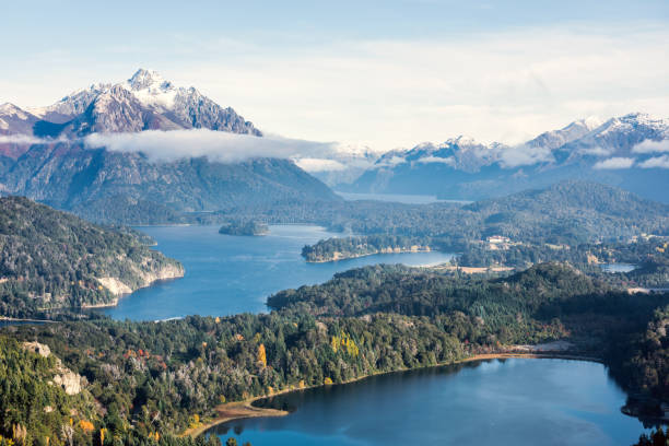 gorgeous view from the top of cerro companario in nahuel huapi national park, san carlos de bariloche (or simply, bariloche), rio negro, located on the northern edge of argentina's patagonia region - south america argentina bariloche autumn imagens e fotografias de stock