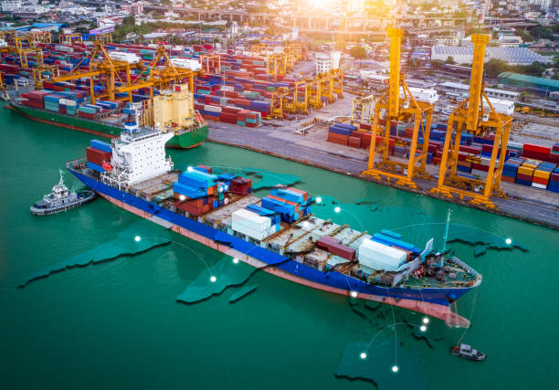 istock World map with logistic network distribution on background. Logistic and transport concept in front Logistics Industrial Container Cargo freight ship for Concept of fast or instant shipping, Online goods orders worldwide 1014570436