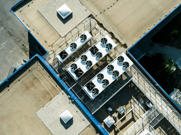 aerial top view of air compression ventilation system on the rooftop