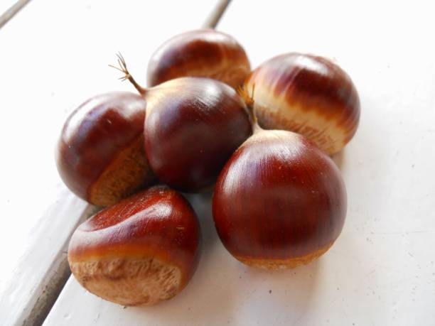istock Chestnuts on white wooden background 1014582432