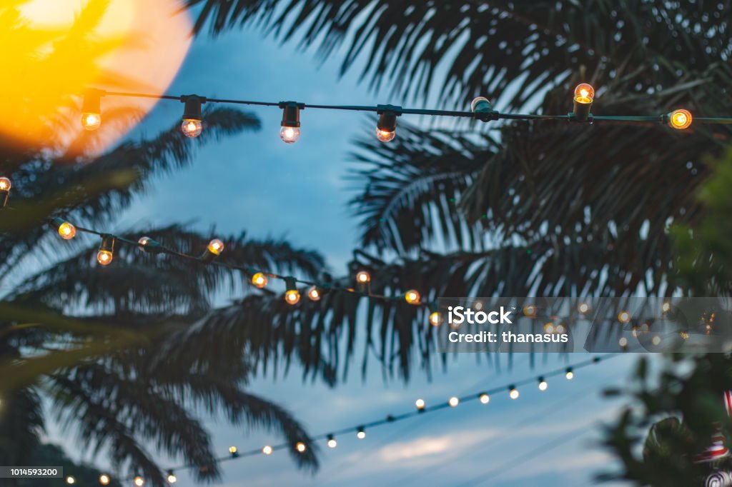 blurred light bokeh with coconut palm tree background on sunset, yellow string lights with bokeh decor in outdoor restaurant Party - Social Event Stock Photo