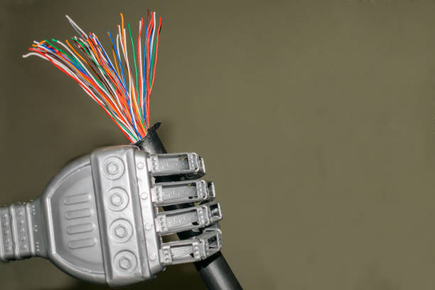 istock The trunk colored telephone cable is in the robot's hand. Damaged Internet cable close-up 1014595946