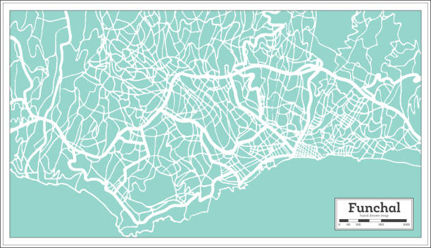 ilustrações de stock, clip art, desenhos animados e ícones de funchal portugal city map in retro style. outline map. - funchal