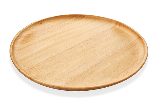 Round wooden tray or Natural wood plate, Serving tray isolated on white background with clipping path