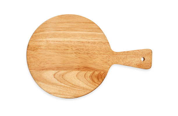 istock Empty round wooden board, Wooden serving tray with handle, View from above isolated on white background with clipping path 1014608298
